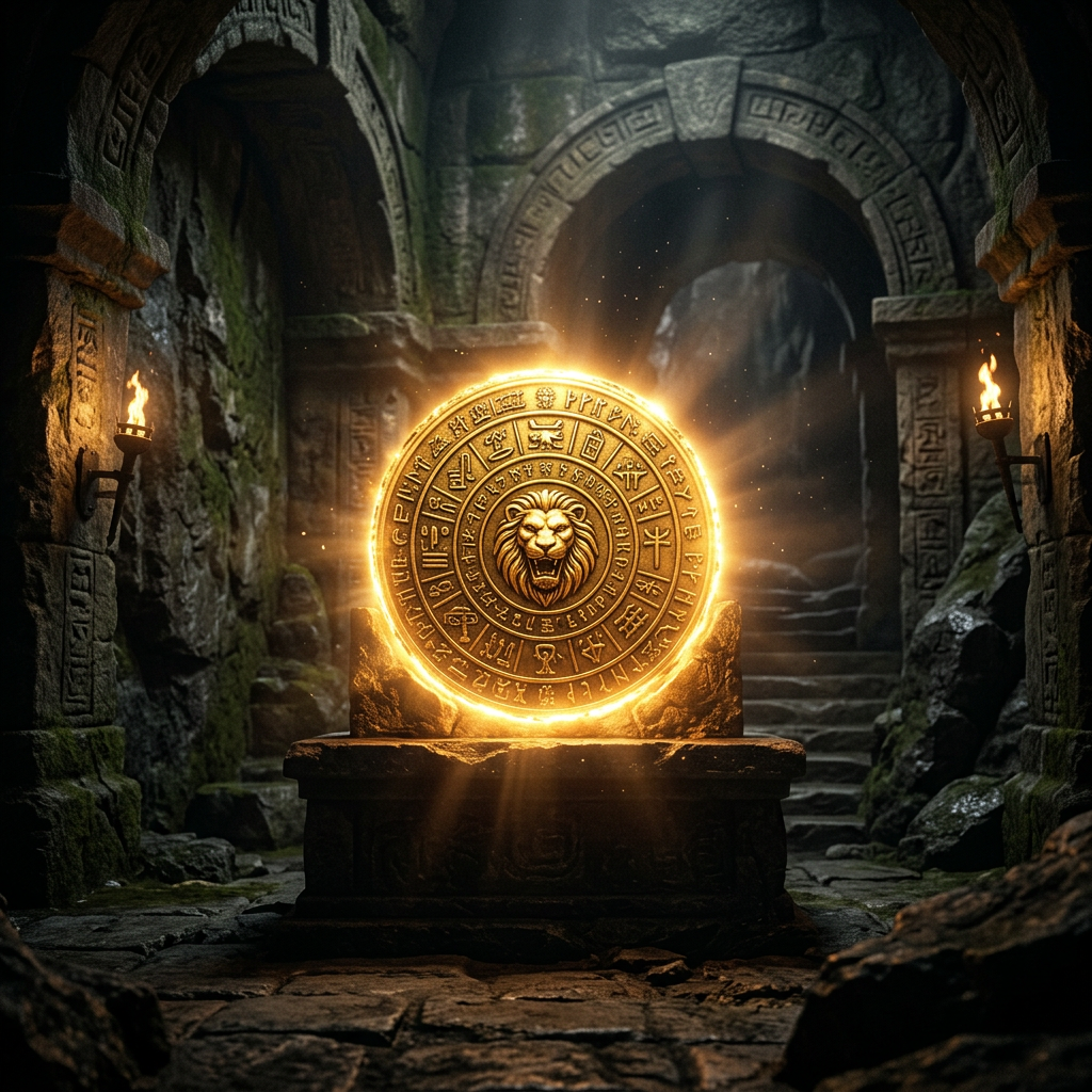 Glowing circular stone emblem with lion face and mysterious symbols inside ancient stone temple corridor.