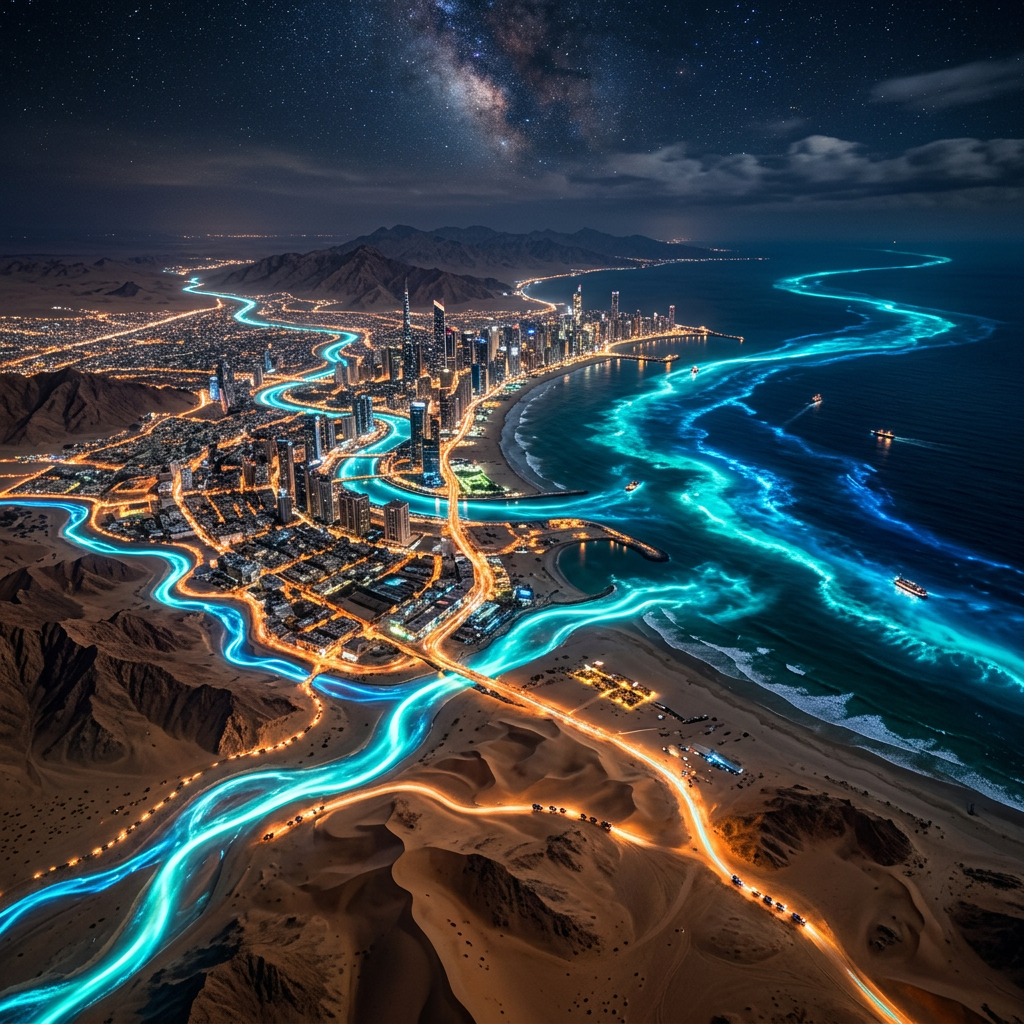 Cityscape at night with glowing turquoise waterways flowing through urban buildings and desert areas near the coast under a star-filled sky.