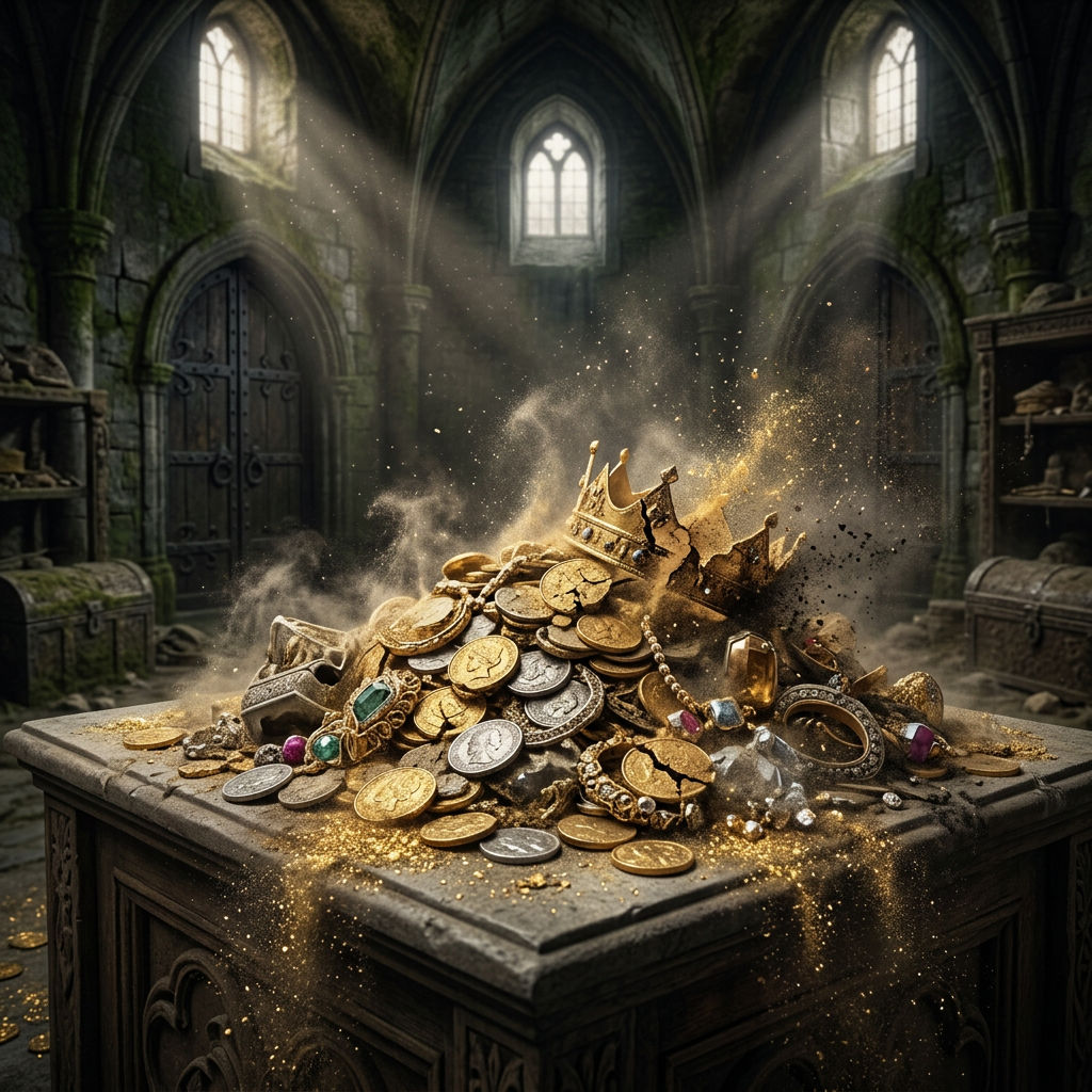 Pile of gold coins, crowns, rings, and jewels on a stone table in a medieval vaulted room