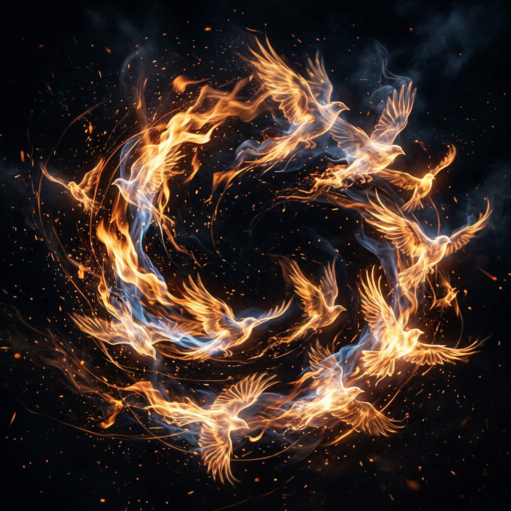 A group of phoenix birds made from glowing flames and smoke forming a circular pattern