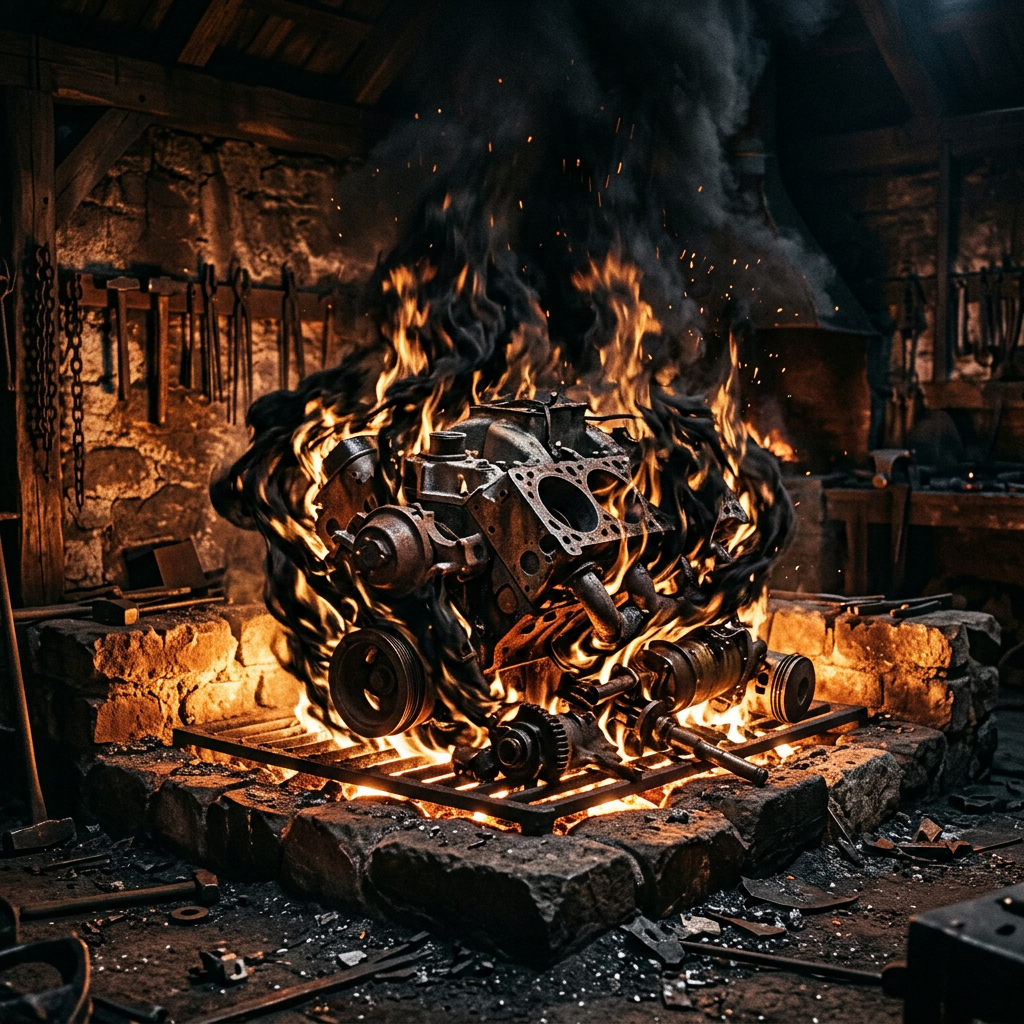 Engine block set on fire with flames and smoke in a stone forge workshop