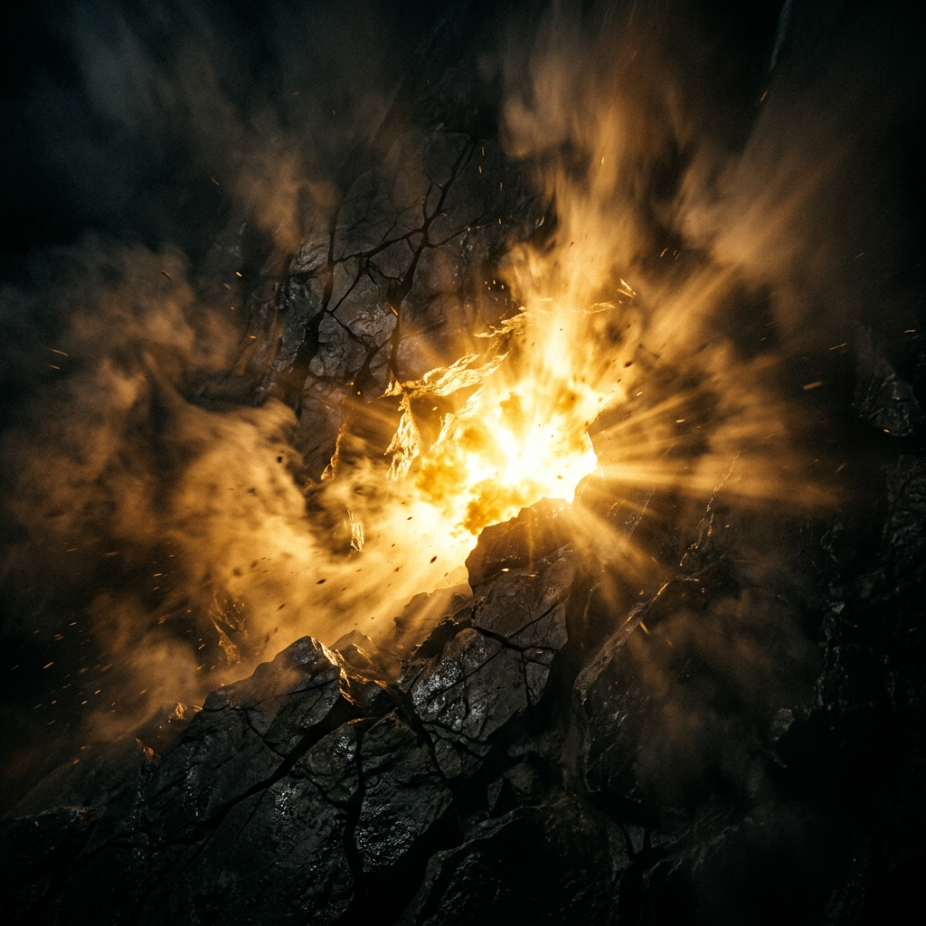 Molten lava glowing bright orange and yellow emerging from cracked dark volcanic rocks with smoke and sparks