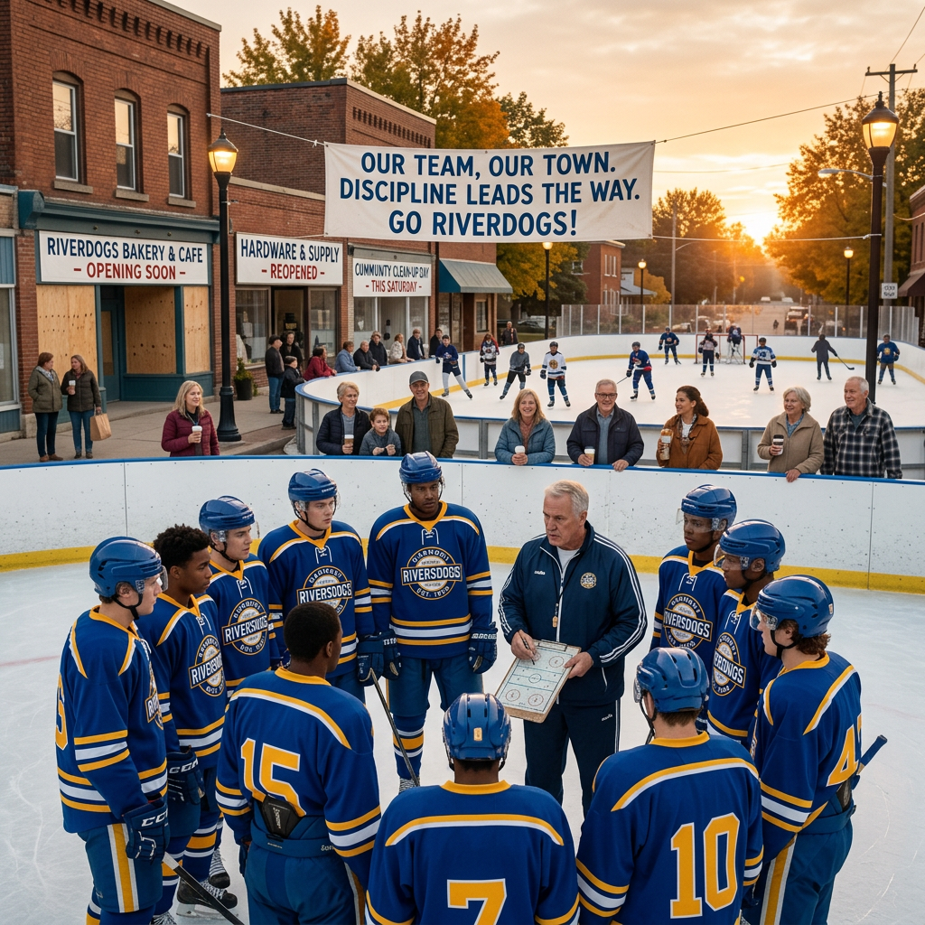 Youth hockey team in blue and yellow uniforms listens to coach on an outdoor ice rink with community members watching