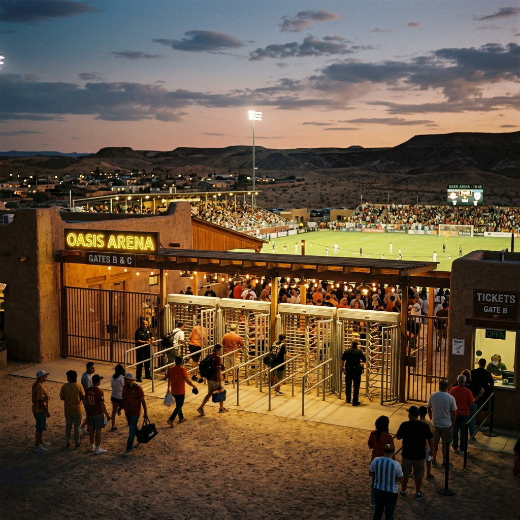 Entrance gate to Oasis Arena with fans entering for a soccer match at dusk