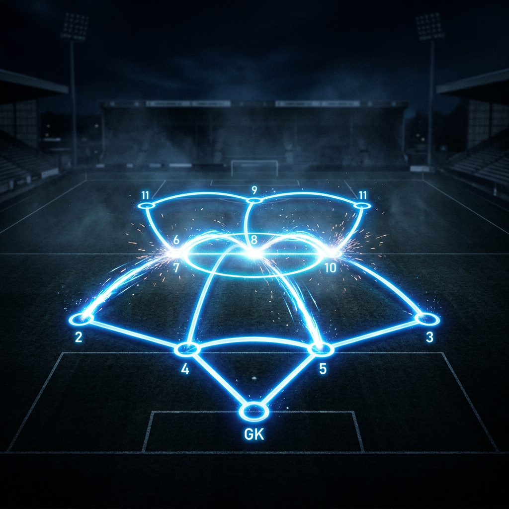 Soccer pitch with glowing lines connecting player positions illustrating passing network