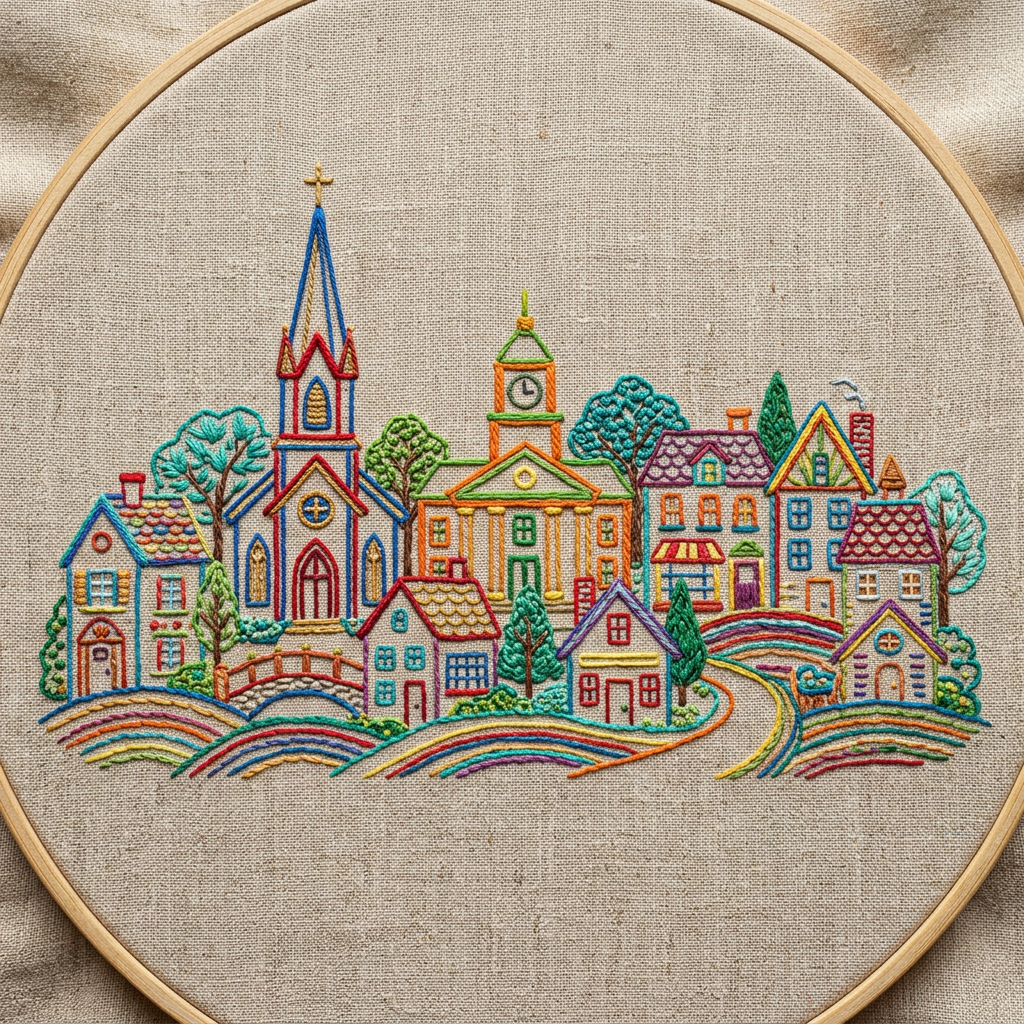 Colorful embroidered village with houses, church, clock tower, and trees on fabric