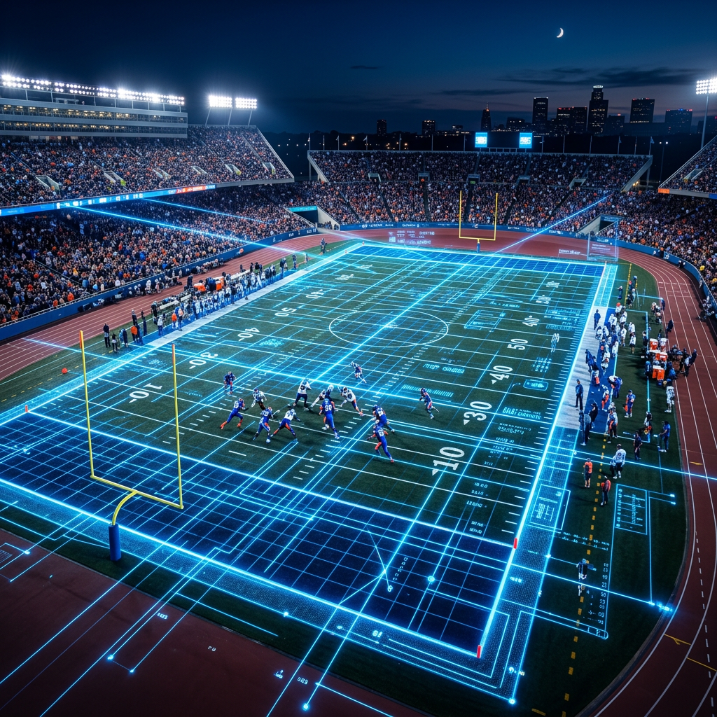 Football players on field with glowing digital grid and data at night