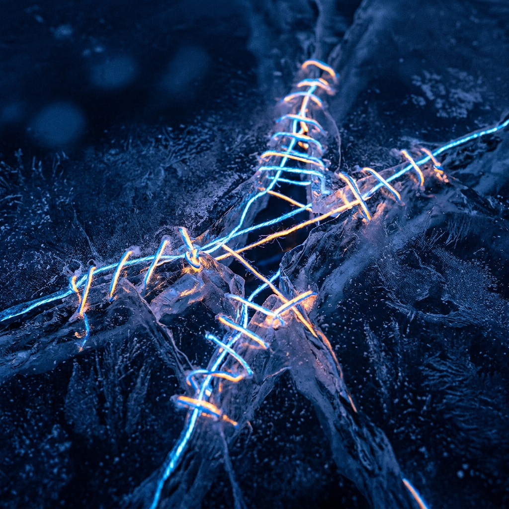 Cracked ice sheets glowing with neon-blue and orange wires stitched across the breaks