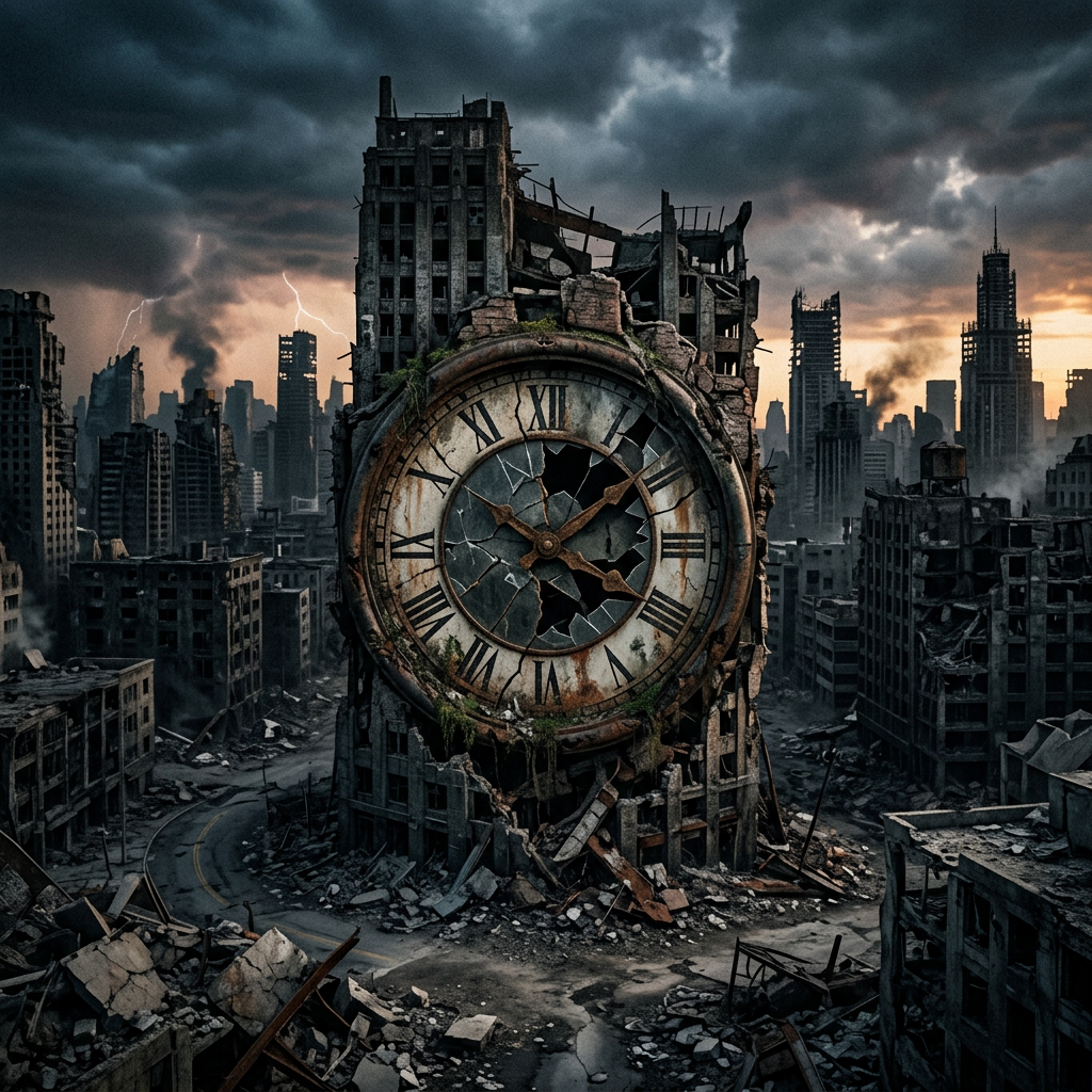 Destroyed city ruins with large cracked clock showing 3:25