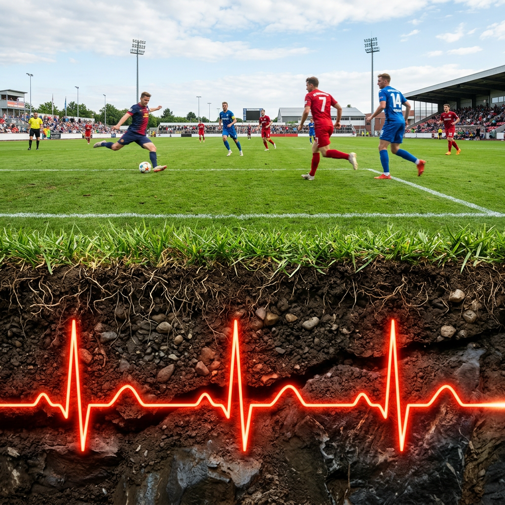 Soccer player kicking ball with ECG heartbeat graphic below ground