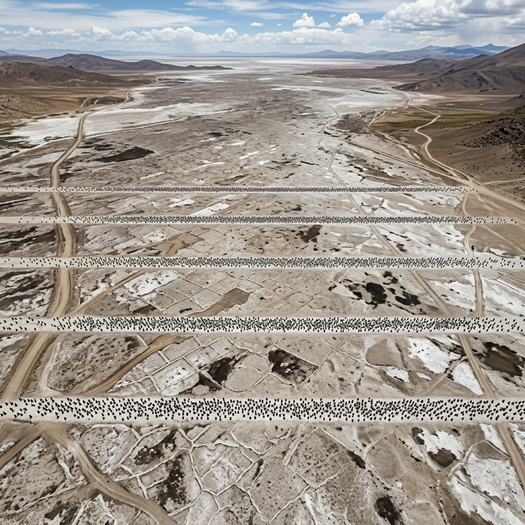 Thousands of flamingos aligned in multiple horizontal rows across a dry salt flat landscape with surrounding hills