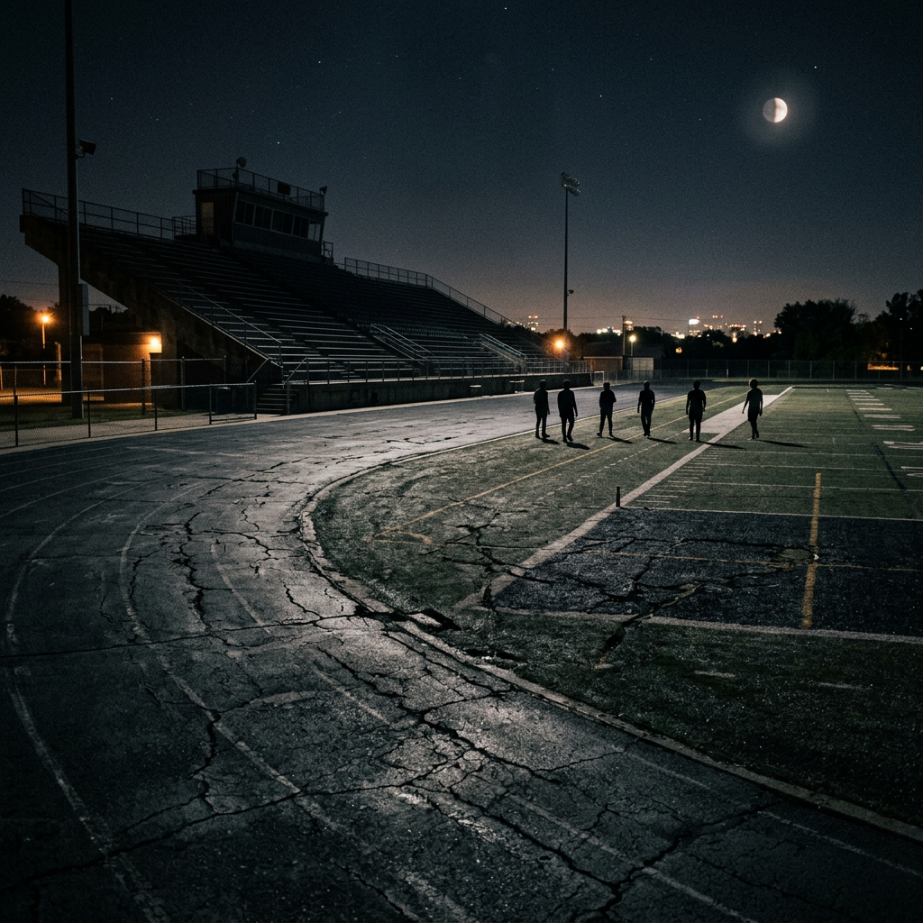 Six individuals walking on a cracked stadium track at night beneath a crescent moon