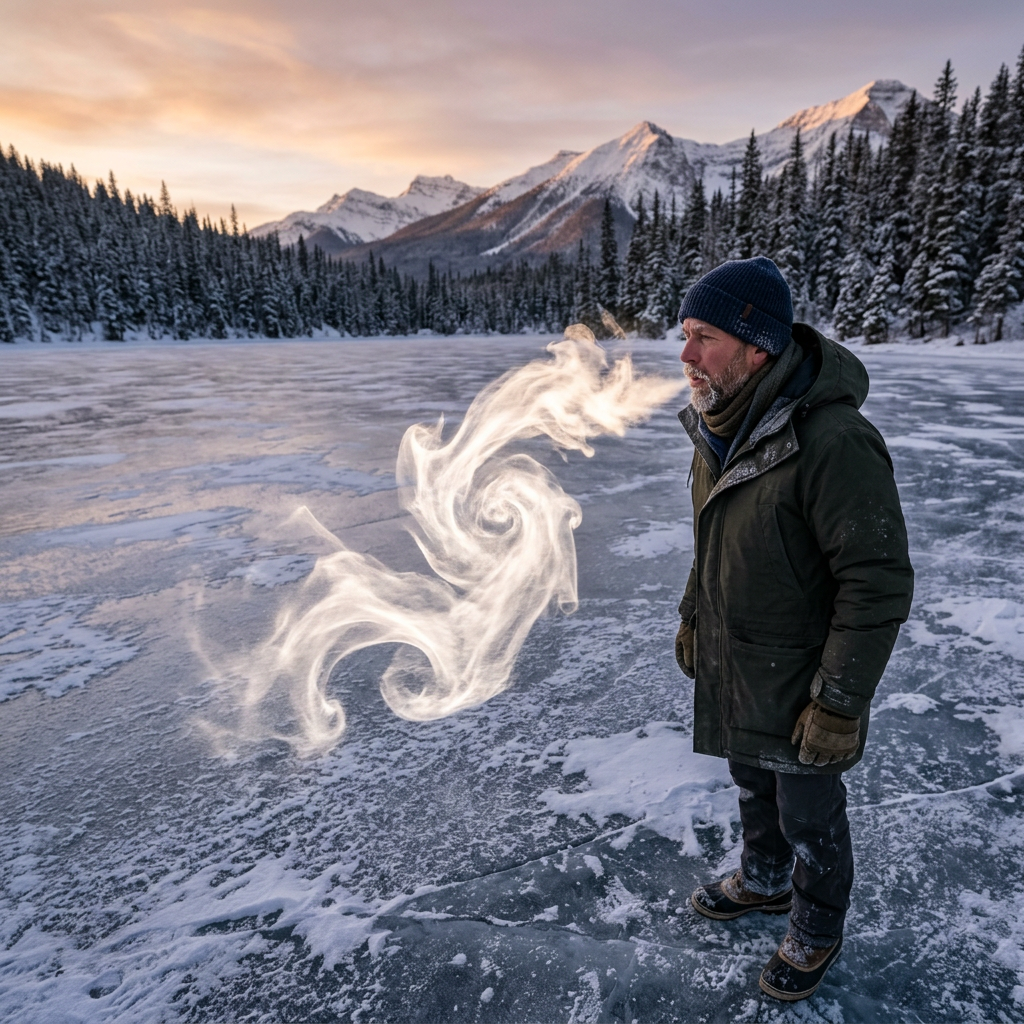 Man standing on frozen lake exhaling visible breath in cold weather