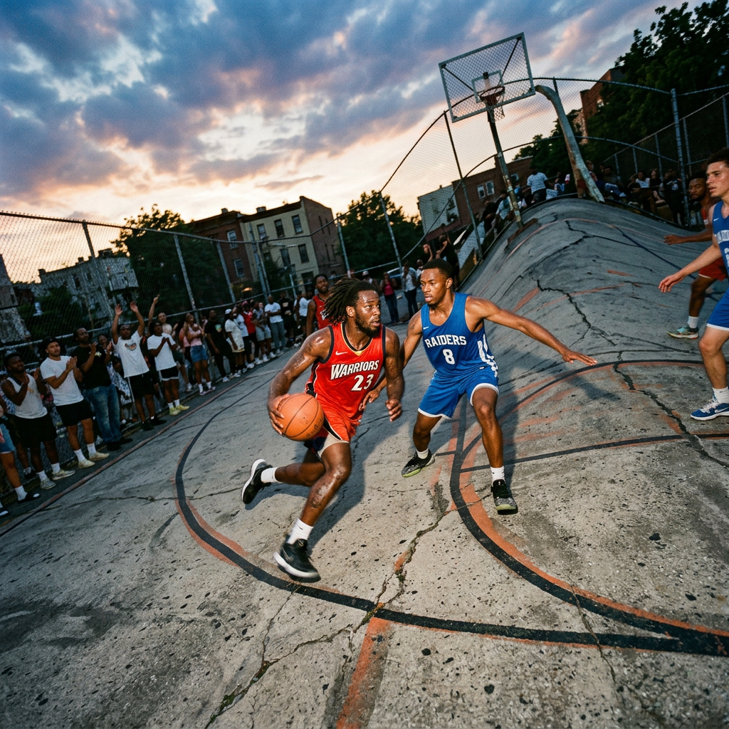 Two men playing basketball on outdoor court with crowd watching