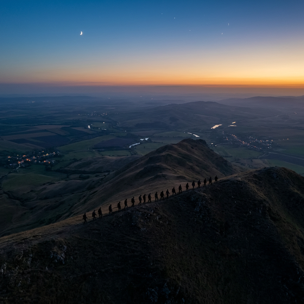 Silhouettes of hikers walking in single file on a mountain ridge at dawn