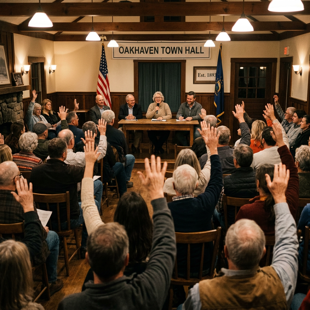 People raising hands at a town hall meeting in Oakhaven