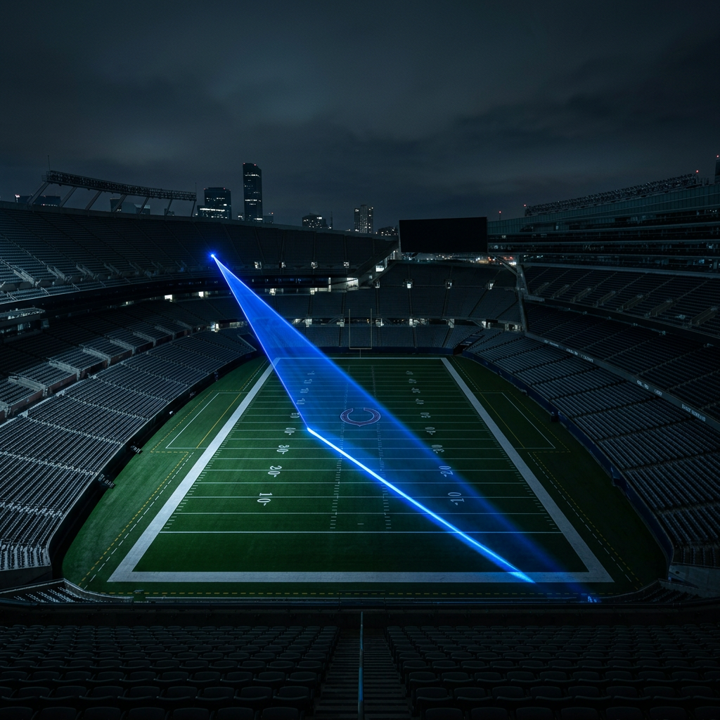 Empty football stadium at night with blue laser beam crossing the field