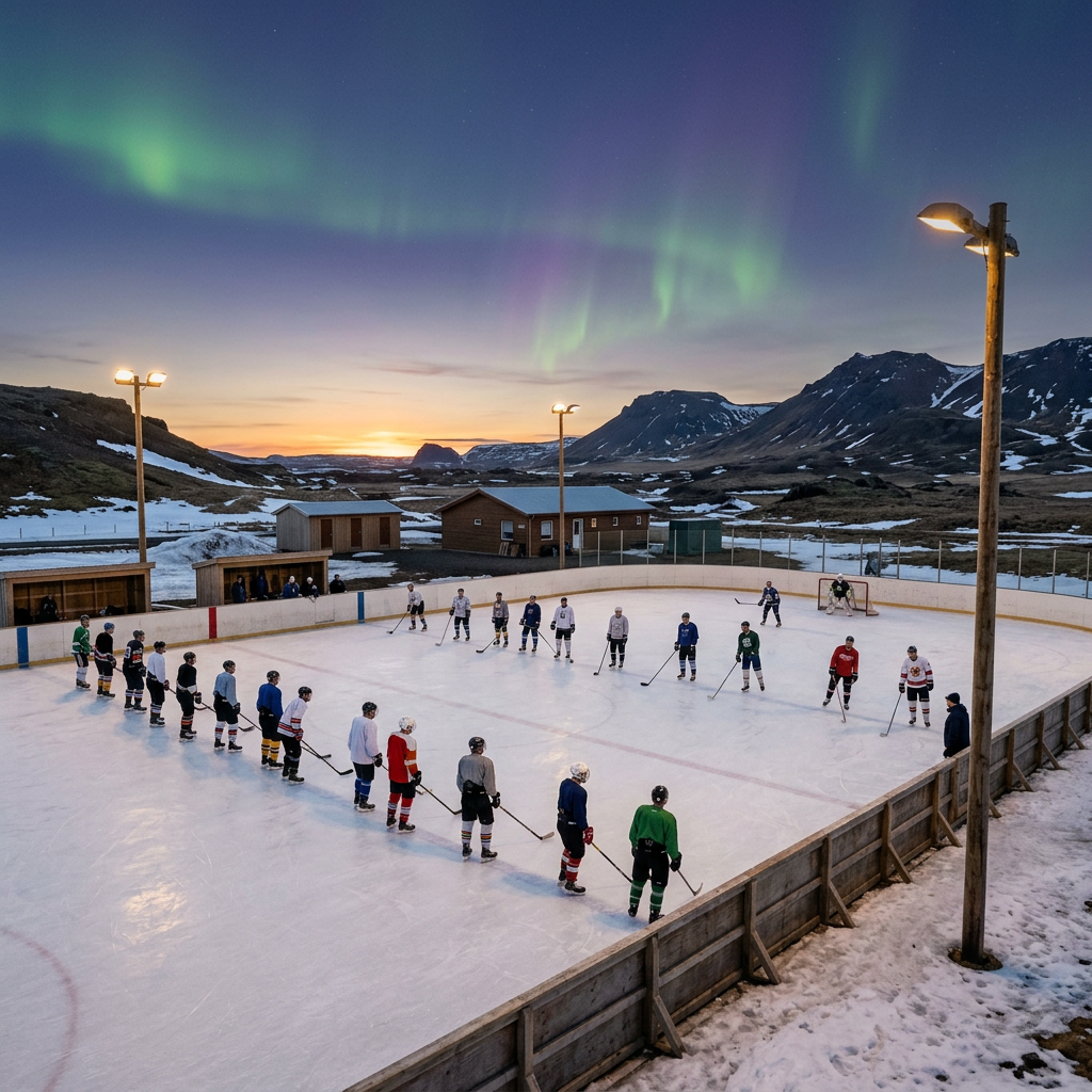 Outdoor ice hockey game with players lined up on the rink under aurora borealis
