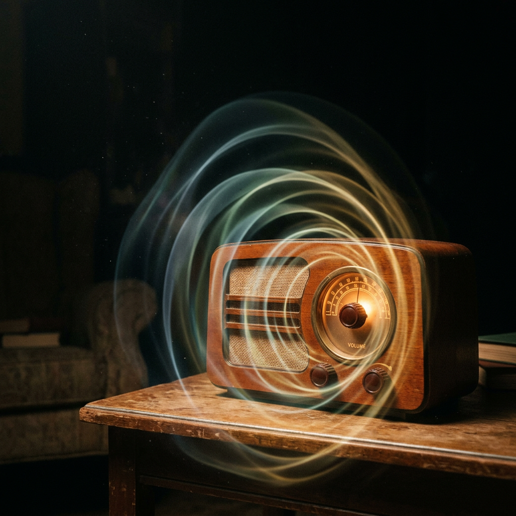 Vintage wooden radio on a table with glowing soundwaves around it