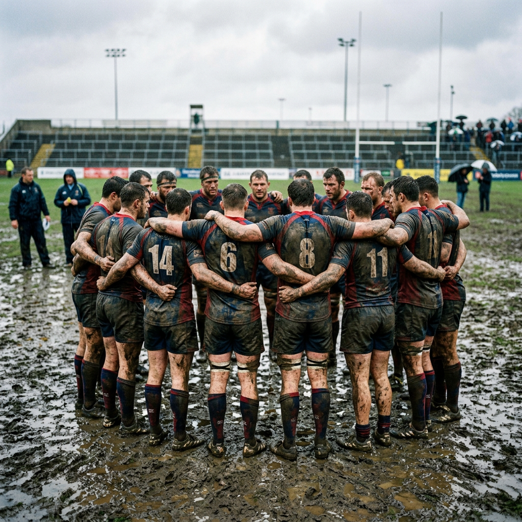 Rugby players in muddy uniforms standing in a close huddle on a wet, muddy rugby field