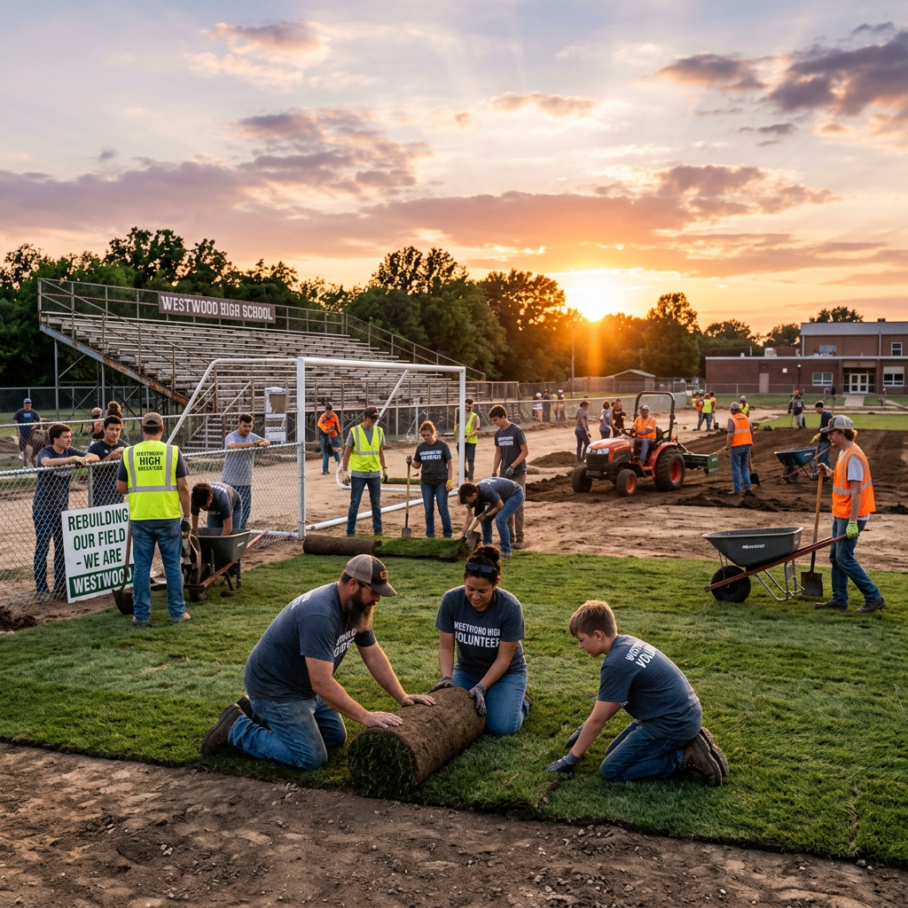 Volunteers laying new grass rolls on a sports field at Westwood High School during sunset.