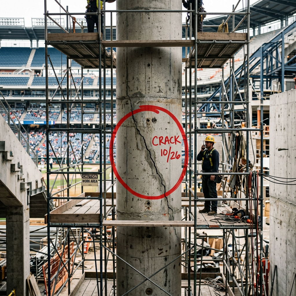 Concrete column with a large crack circled in red and text 'CRACK 10/26' at stadium construction