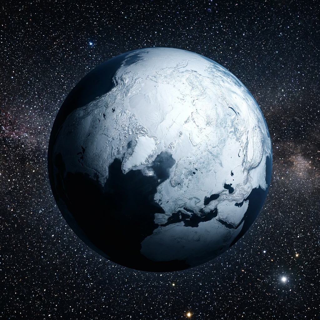 Earth covered in ice and snow viewed from space against a starry background