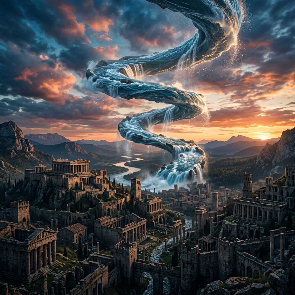 Ancient city ruins with a spiraling waterfall above them under a colorful sunset sky