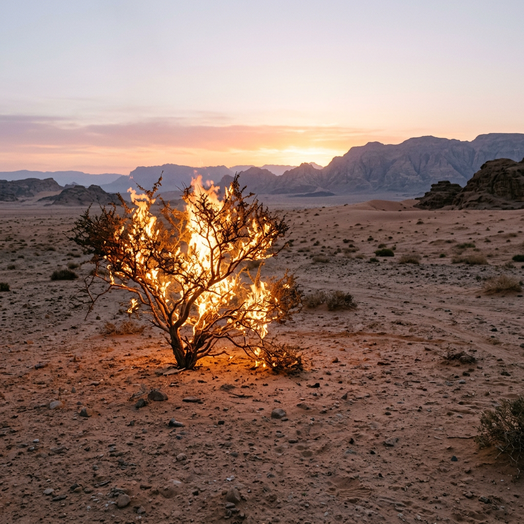 A desert bush engulfed in flames with a sunset and mountain range behind it