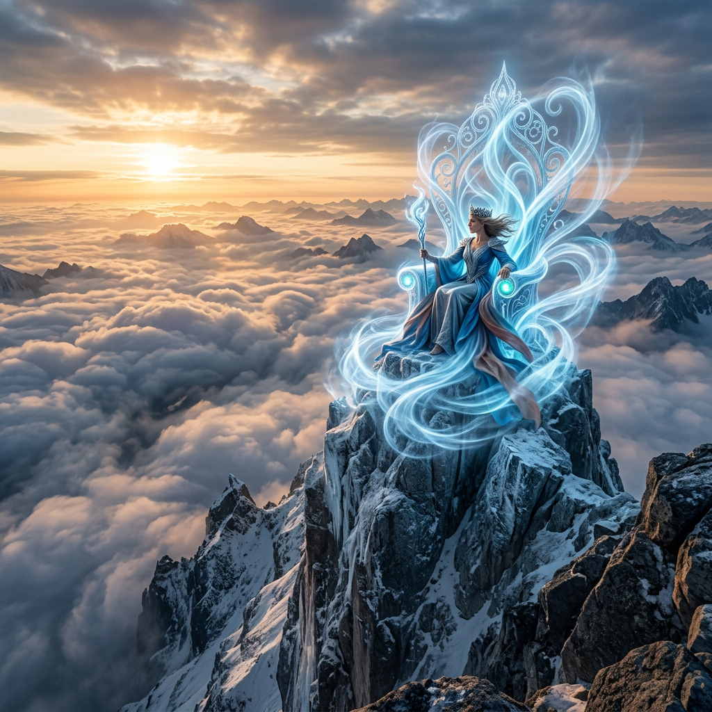 A queen in blue robes with a crown on an ornate glowing throne atop a snowy mountain peak above clouds at sunrise