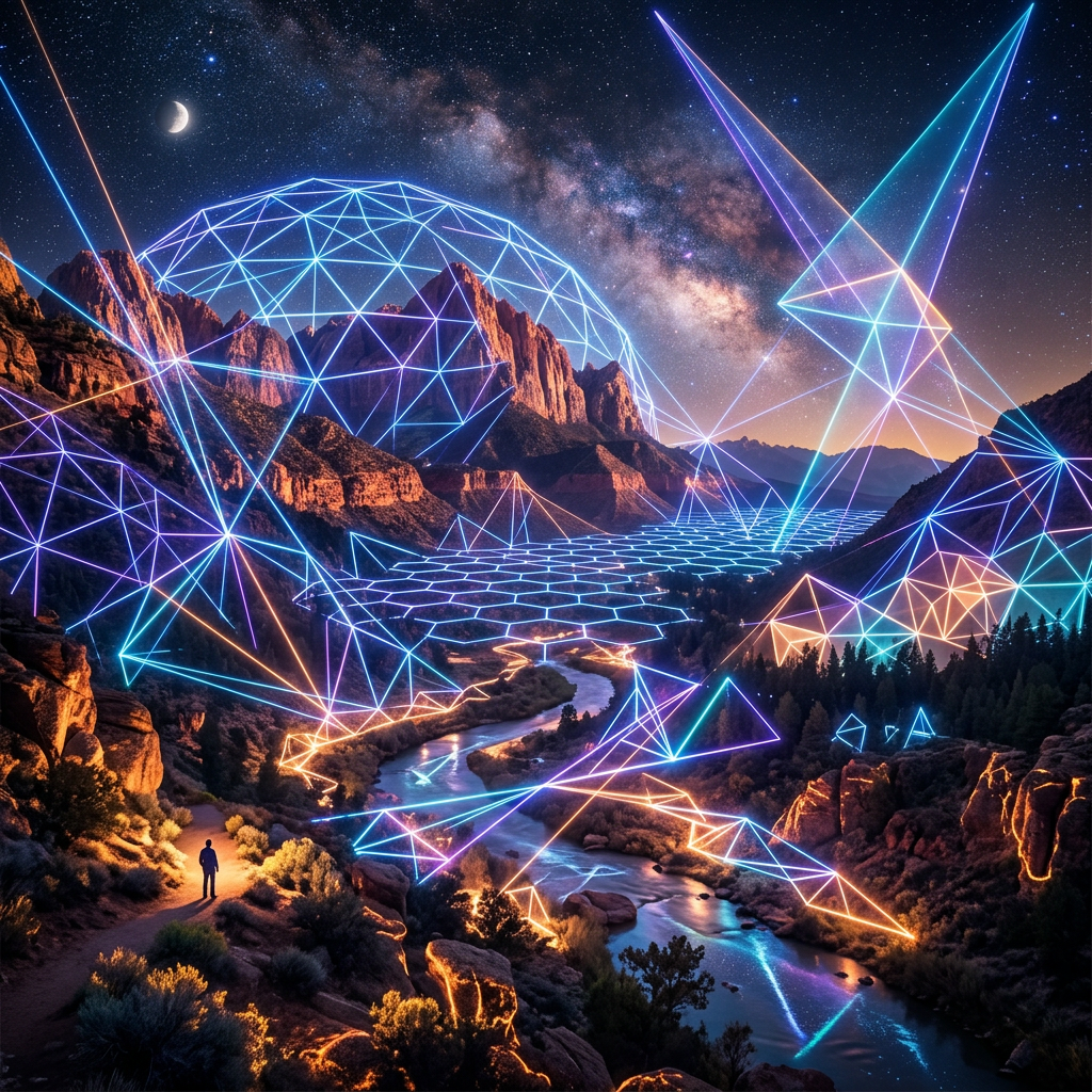 Landscape with mountains and river overlaid with glowing neon geometric shapes and patterns at night.