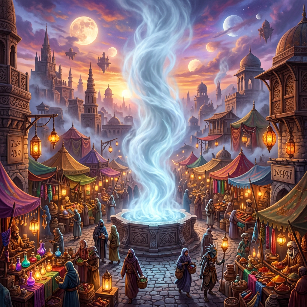 Ancient marketplace with colorful tents, lanterns, and a magical swirling mist in the center