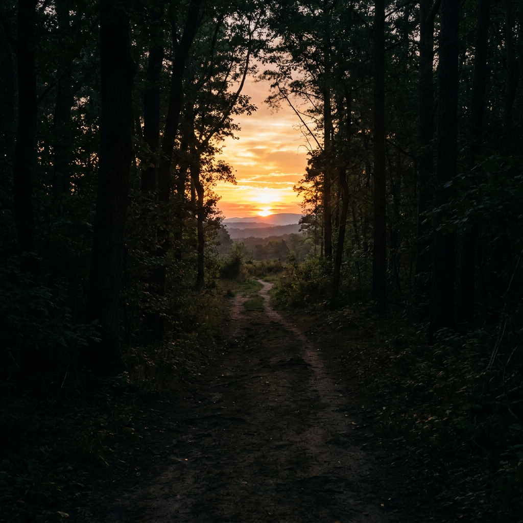 Dirt trail through dense forest with sun setting behind distant mountains