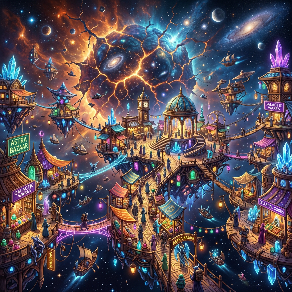 Floating marketplace with vibrant stalls and cosmic background