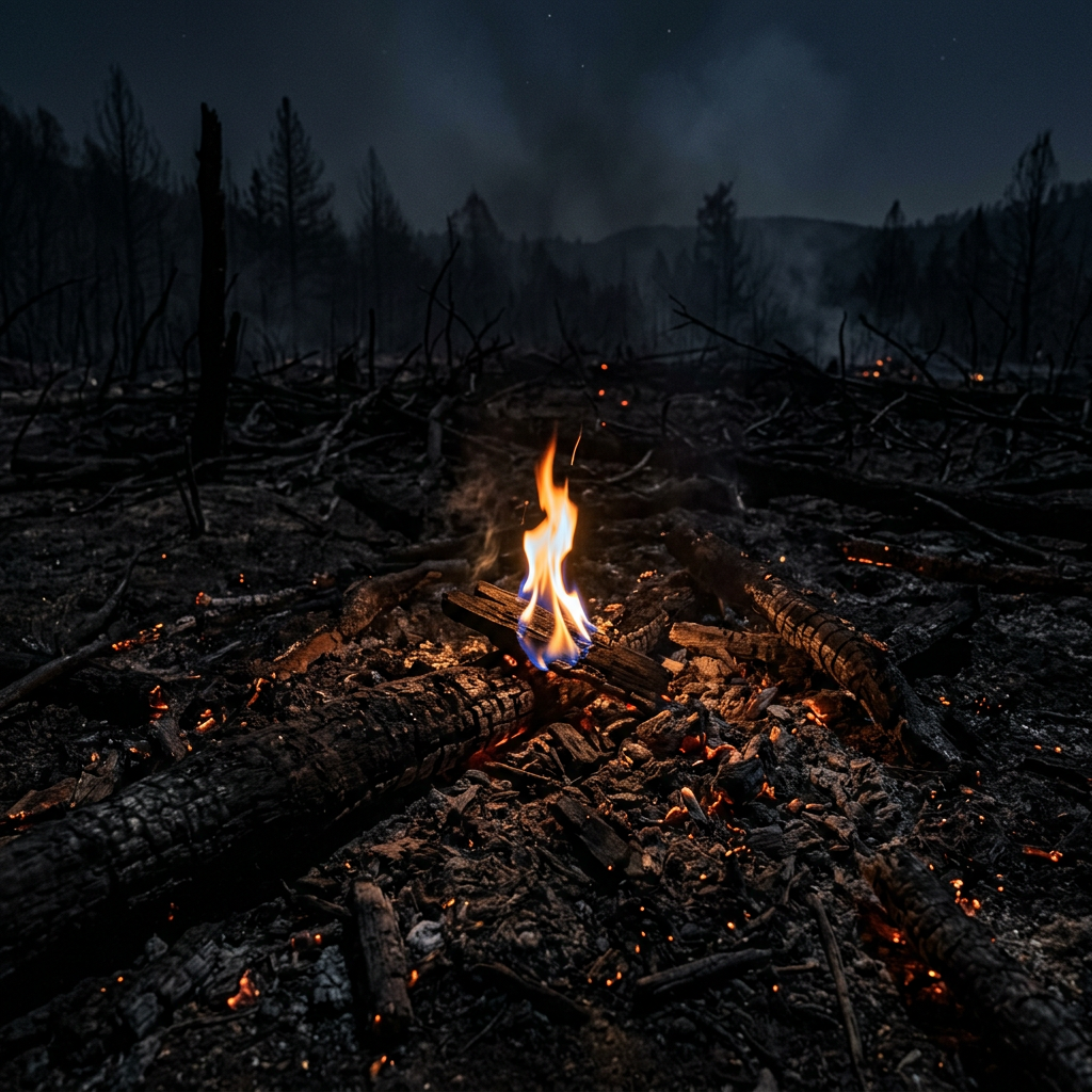 Small flame burning on charred logs in a dark burned forest