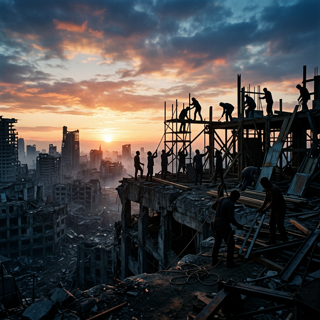 Silhouettes of workers constructing scaffolding on a ruined building during sunrise with a city skyline in the background