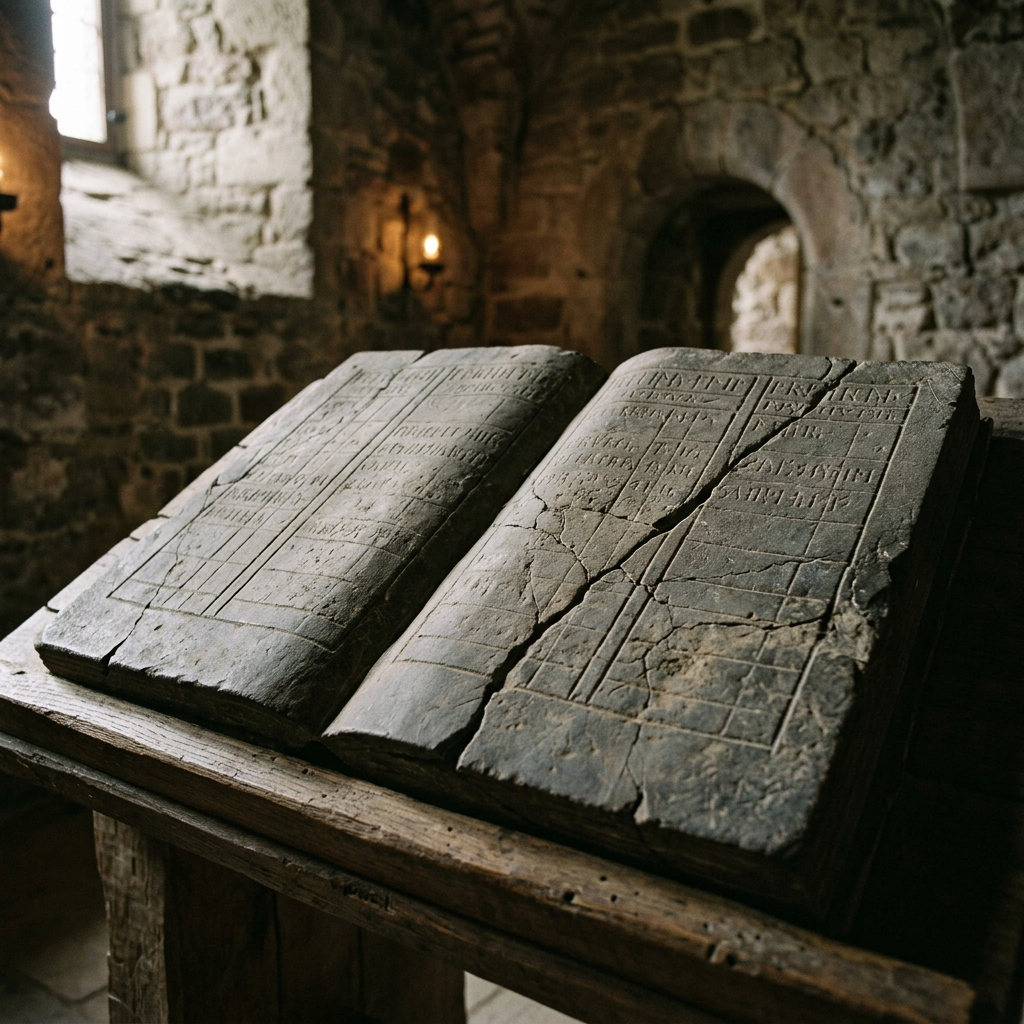 Large open stone book with carved text and tables on wooden stand inside stone room