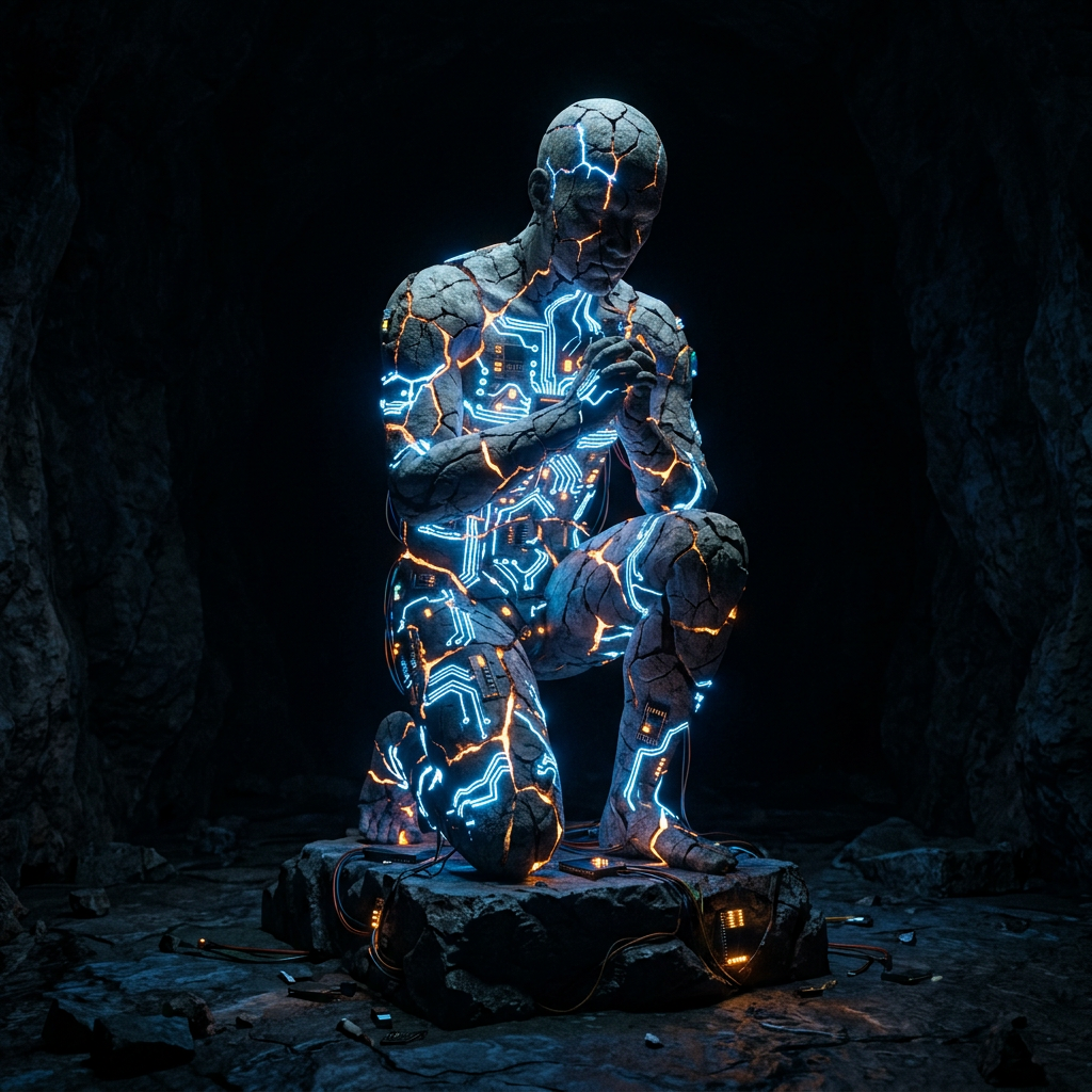 Kneeling humanoid statue with cracked surface and glowing blue and orange electronic circuit lines