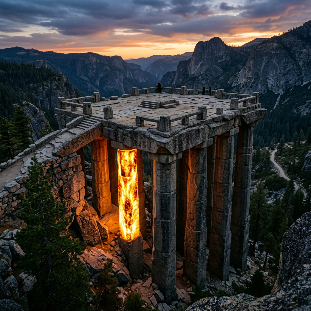 Ancient stone structure with tall pillars on a cliff at sunset and one pillar glowing orange