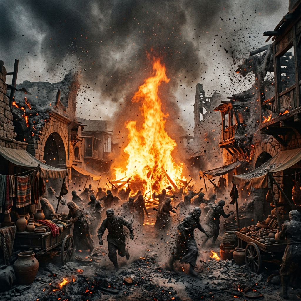 People running through a medieval marketplace engulfed in flames and smoke