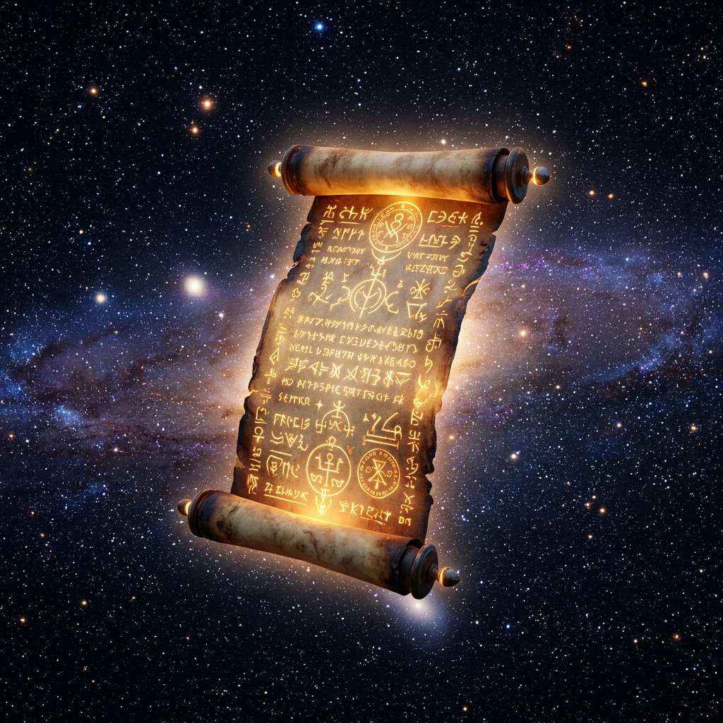 Ancient scroll glowing with unknown symbols against outer space stars and galaxy