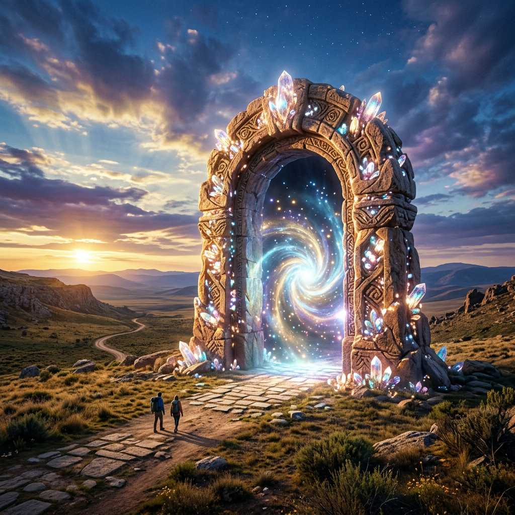 Ancient stone portal decorated with glowing crystals showing a swirling energy vortex with two people walking toward it on a stone path