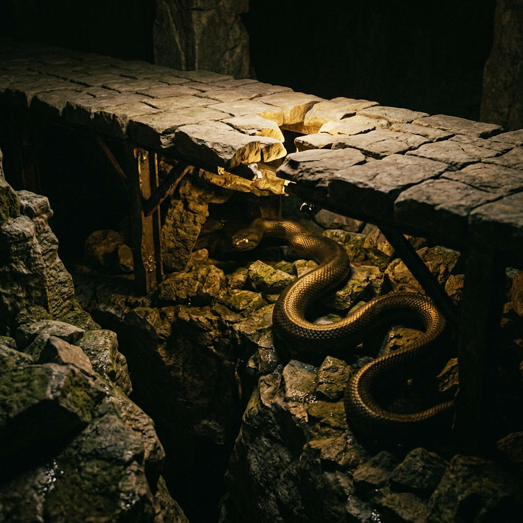 Large snake coiled on rocks under a broken stone bridge
