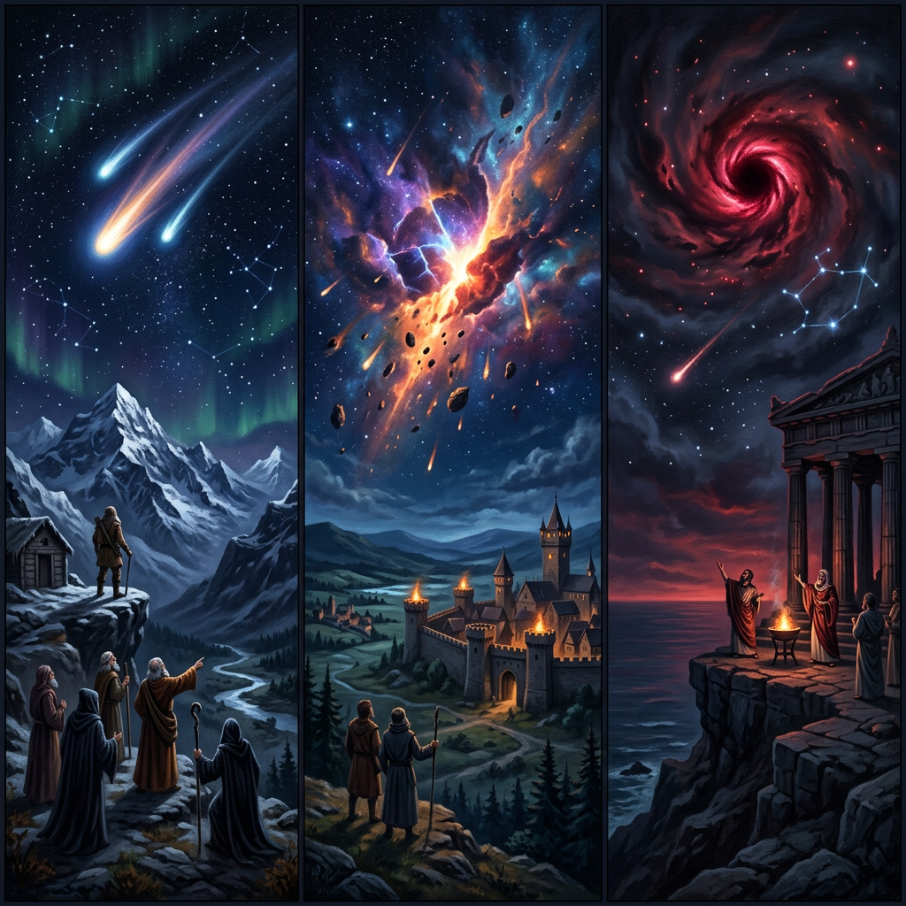 Triptych of medieval figures observing meteor showers, cosmic explosion, and a red swirling galaxy over castles and temples