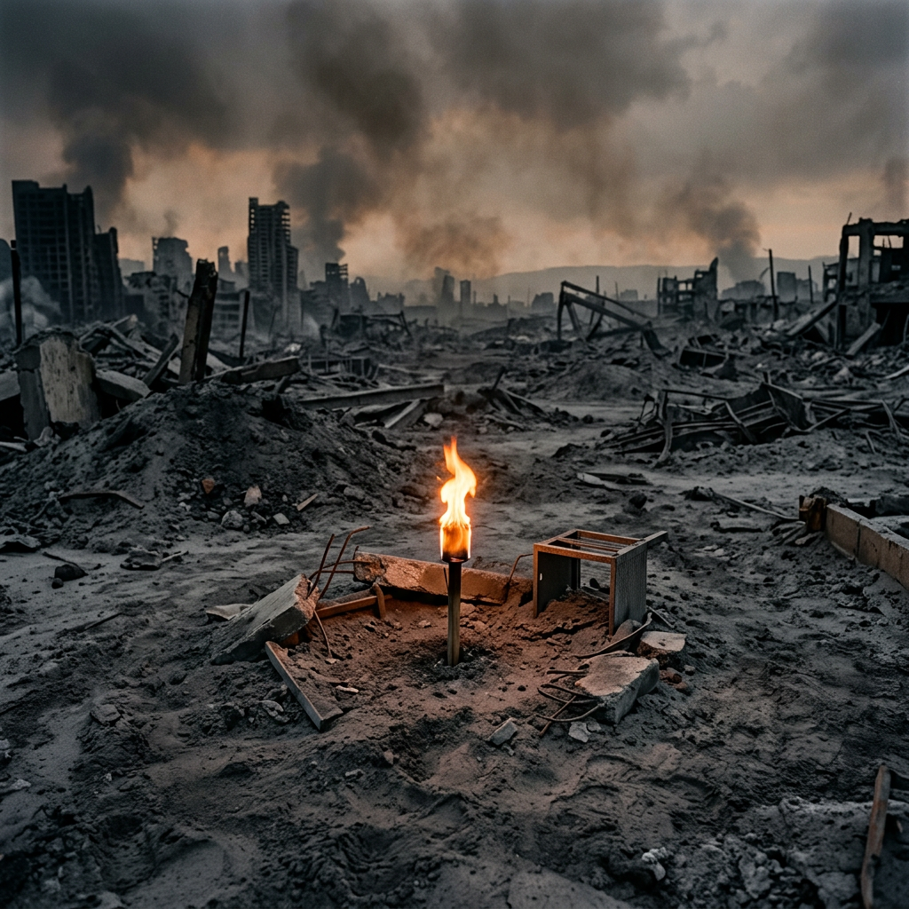 Flame burning in the debris of a destroyed urban area with smoky ruins in the background