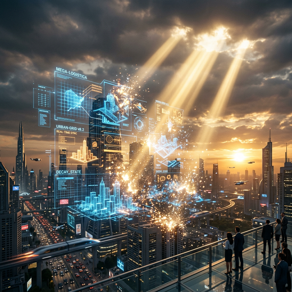 Holographic urban city models and data over modern cityscape at sunset