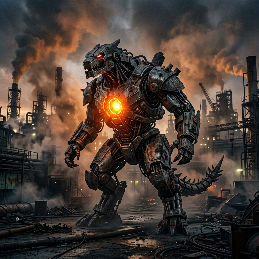 Large robotic dinosaur-like machine with glowing orange core in smoky factory setting