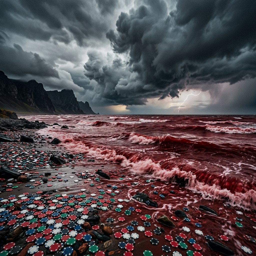 Rocky beach with multicolored poker chips washed by stormy red water under dark dramatic clouds and lightning
