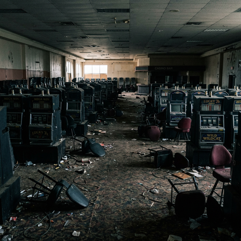 Abandoned casino room with malfunctioning slot machines and overturned chairs