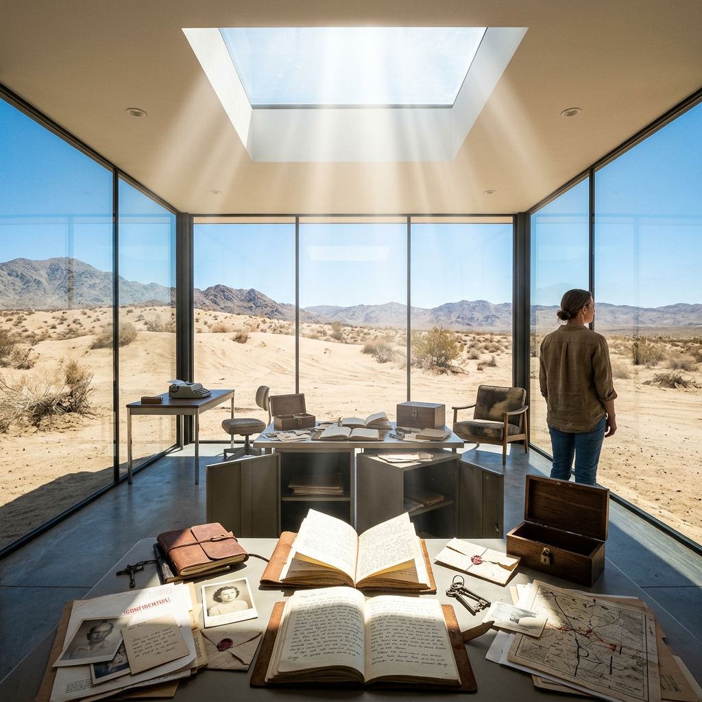 Interior of a modern glass office in the desert with historic documents and a person looking outside